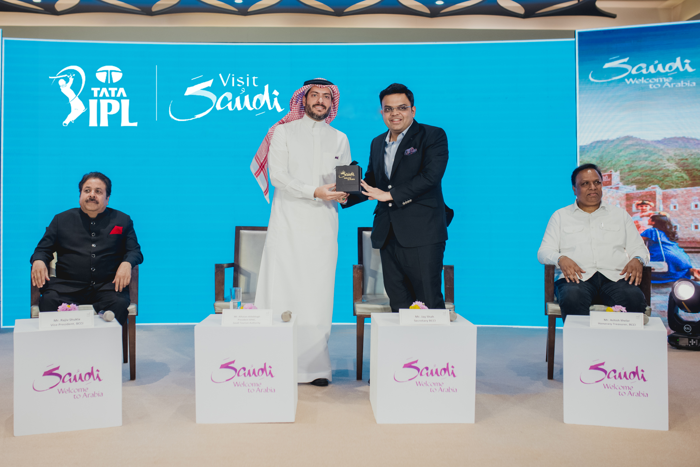 Mr. Alhasan Aldabbagh, President of APAC at Saudi Tourism Authority felicitates Mr. Jay Shah, Secretary, BCCI at the partnetrship announcement luncheon in Mumbai