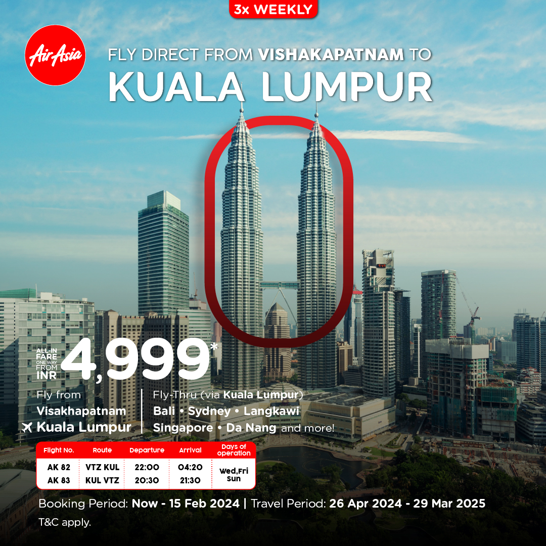 AirAsia further expands connectivity to Kuala Lumpur, resuming direct flights from Visakhapatnam